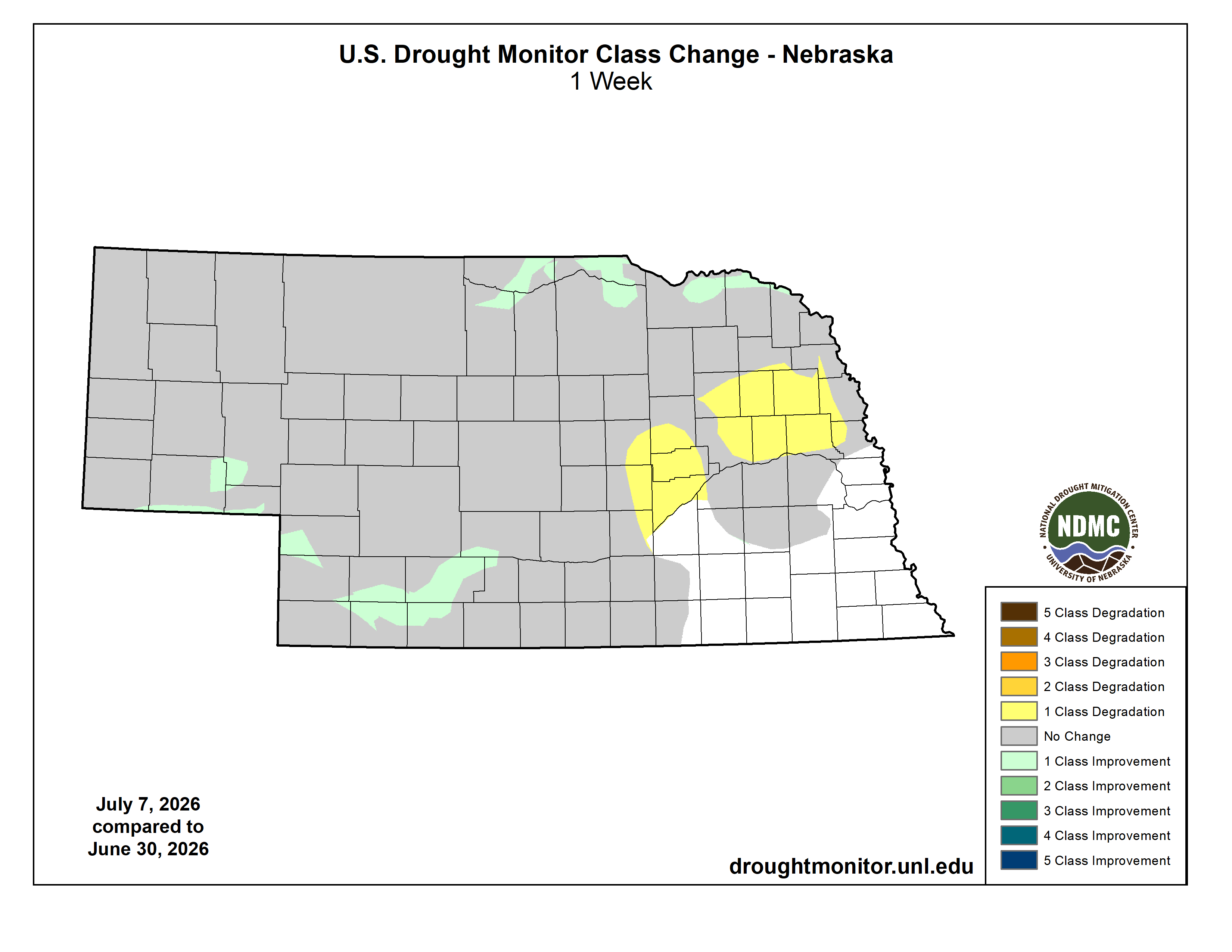 Drought change map of Nebraska showing areas of class improvement and degradation over one week.