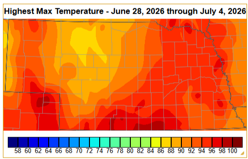 Heat map of maximum temperatures in a region from June 28 to July 4, 2026, ranging from 58°F to 100°F.