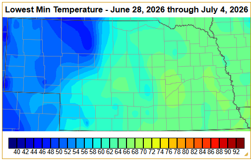 Color-coded map showing lowest minimum temperatures in the U.S. Plains, ranging from 40°F to 92°F.