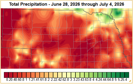 Heatmap showing total precipitation in varying intensities across a state, June 28 to July 4, 2026.