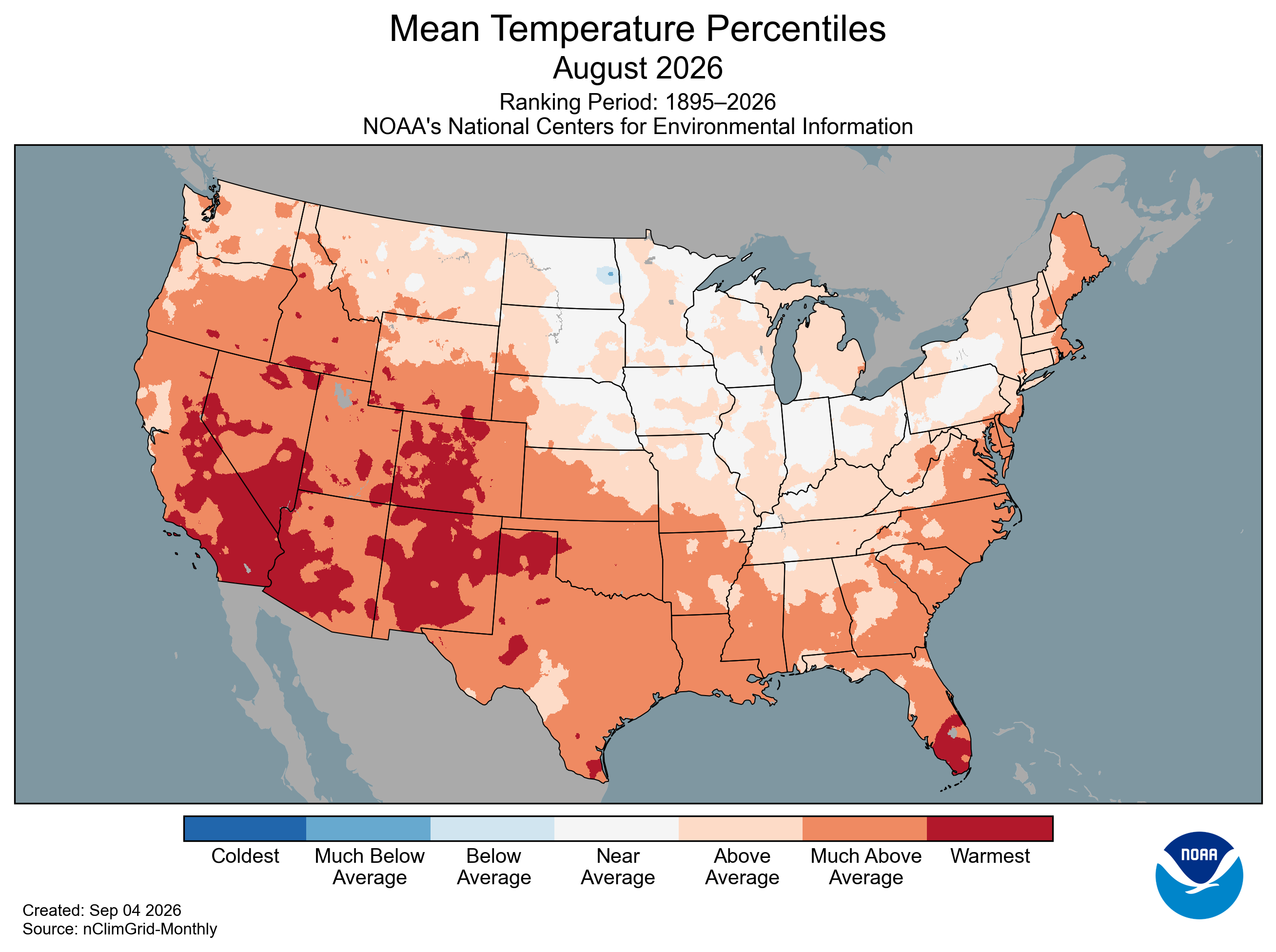 U.S. map showing mean temperature percentiles for August 2026, with warmest areas in the Southwest.