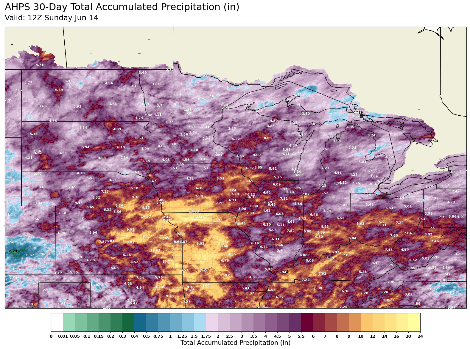 Map showing 30-day accumulated precipitation in the Midwest, with purple and yellow color gradients.