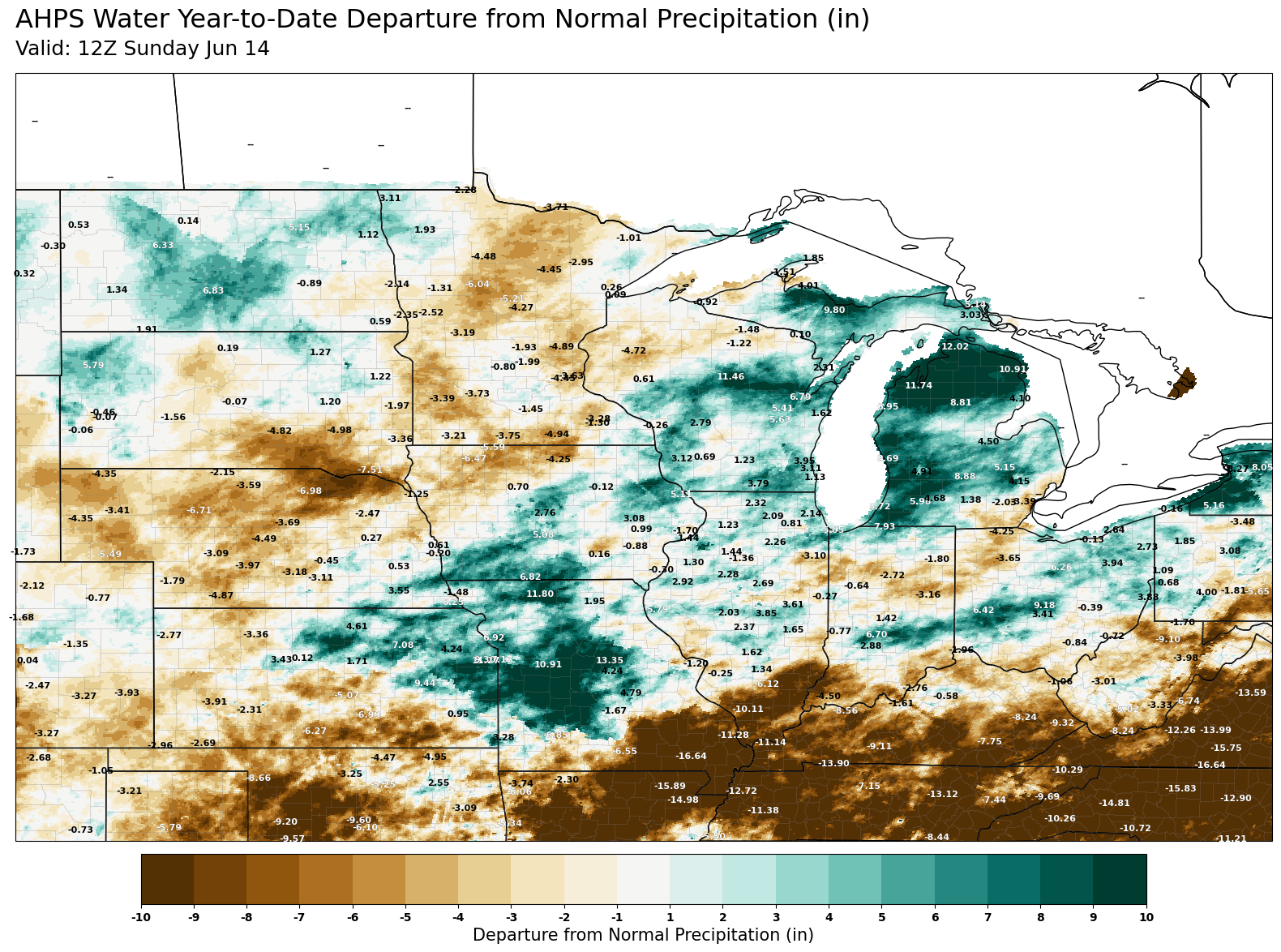 Map showing Midwest U.S. precipitation departure from normal, ranging from brown to green shades.