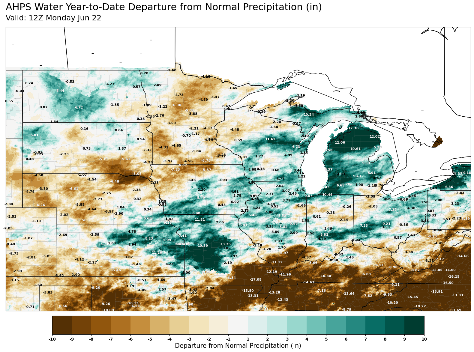 U.S. Midwest map showing precipitation departures, with deficit areas in brown and surplus in teal.