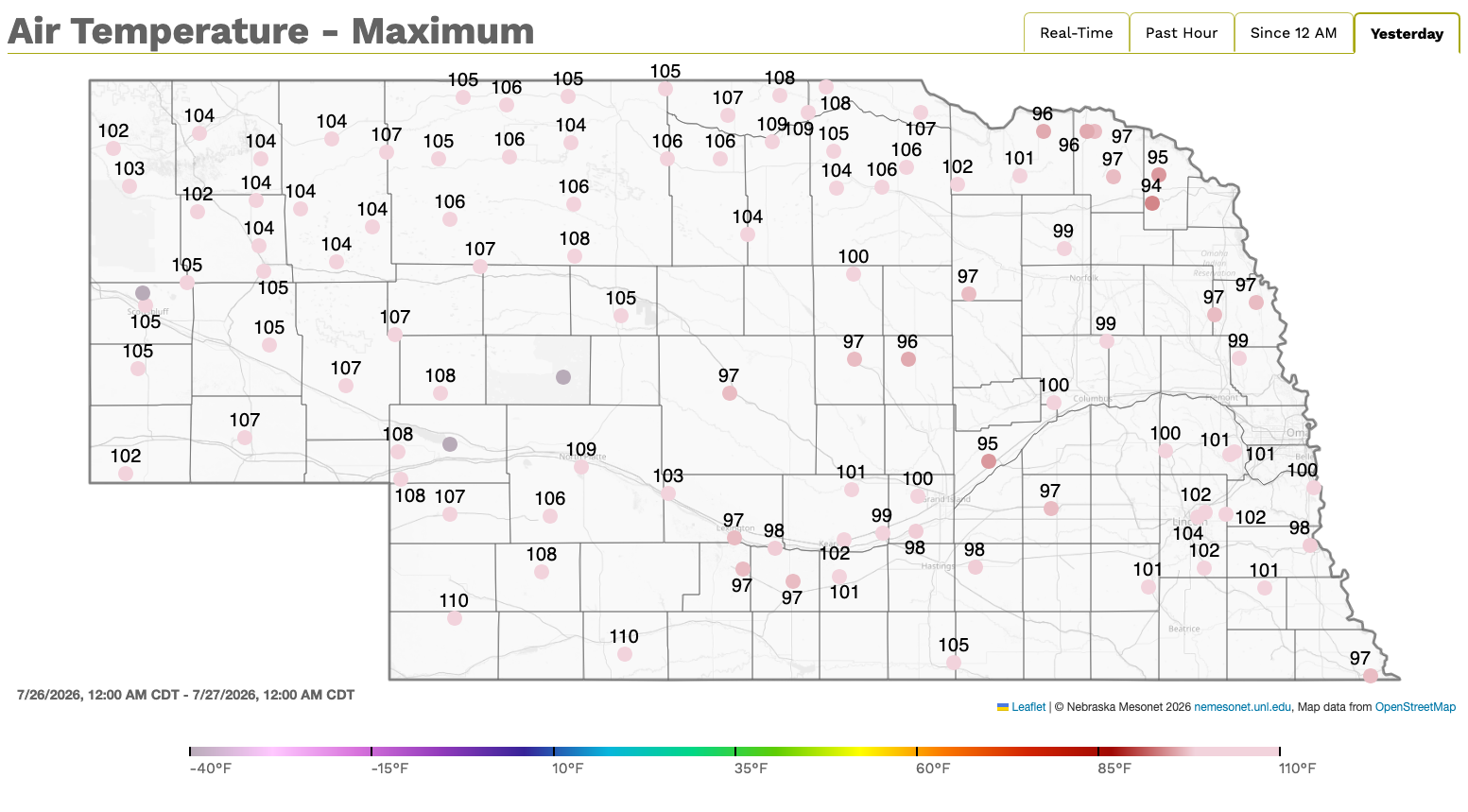 Nebraska map showing maximum air temperatures from 97°F to 107°F, marked by numbers at locations.