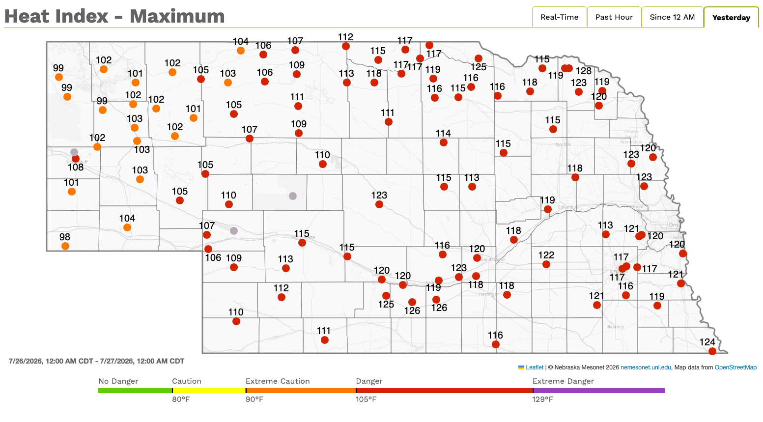 Nebraska map showing maximum heat index levels, marked with red dots and temperatures in Fahrenheit.