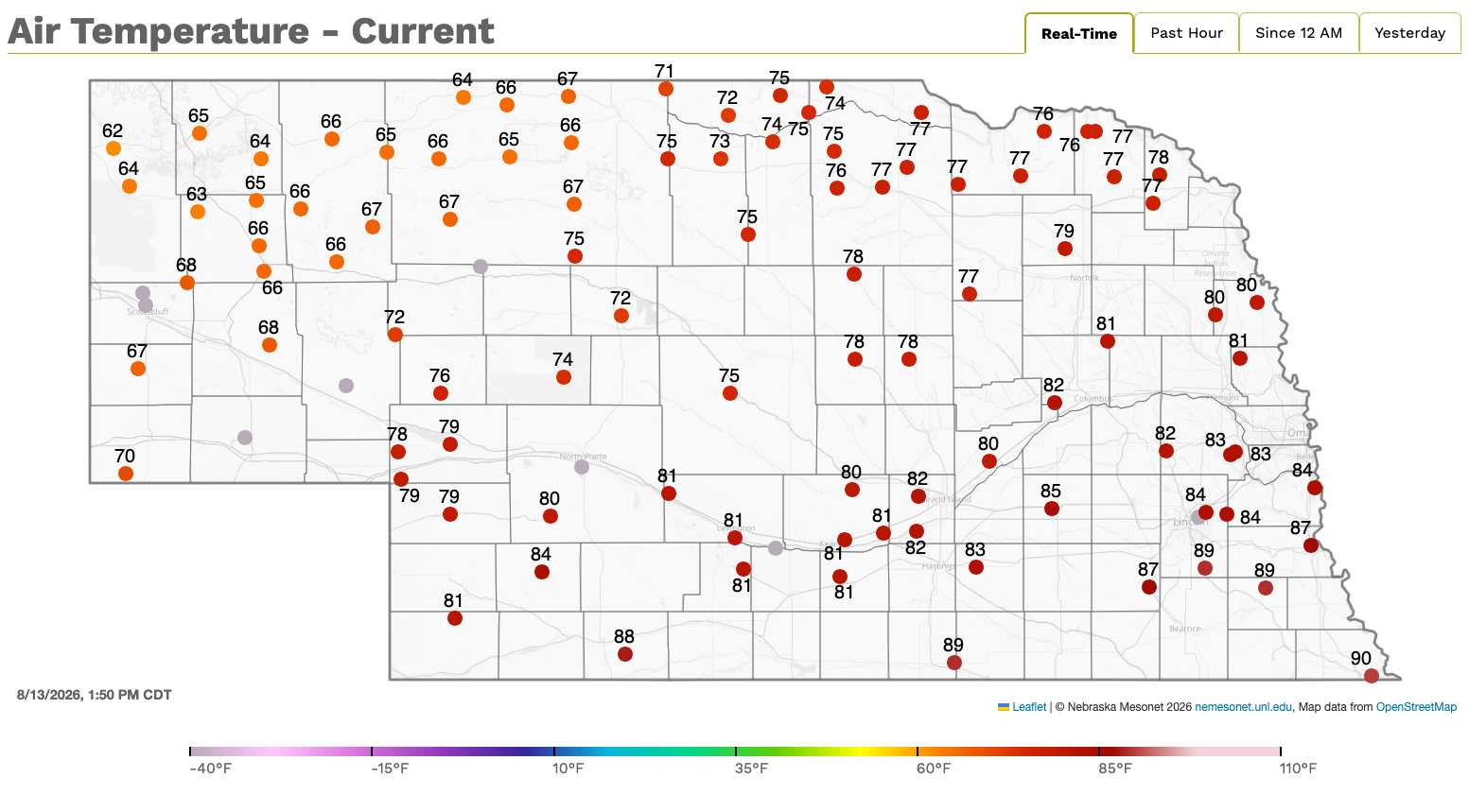 Air temperature map of Nebraska with readings displayed in Fahrenheit for various locations.