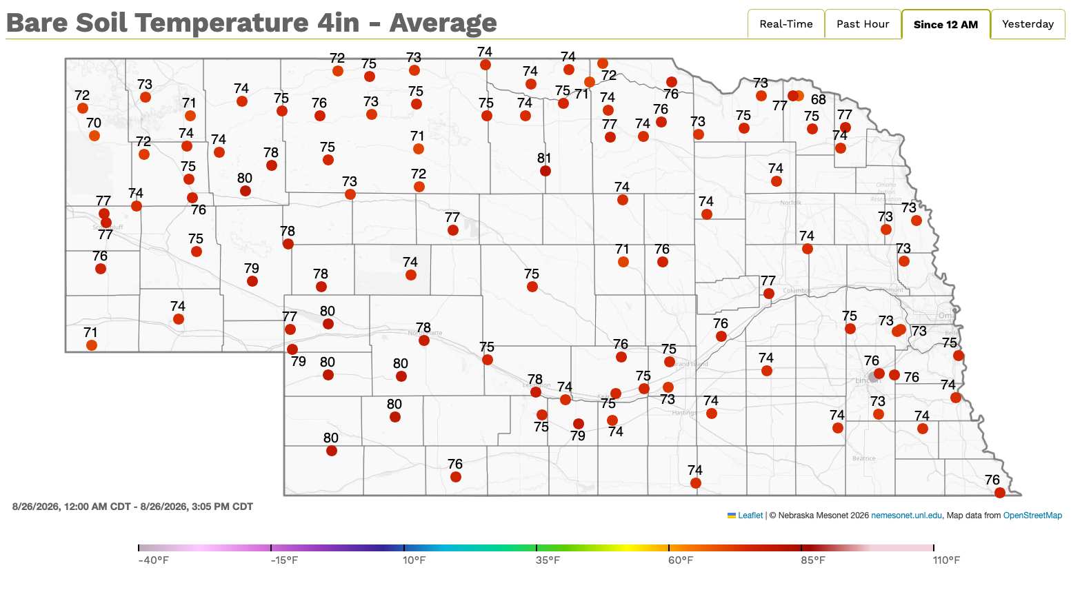 Map of Nebraska showing average bare soil temperatures, marked by orange dots with numbers.