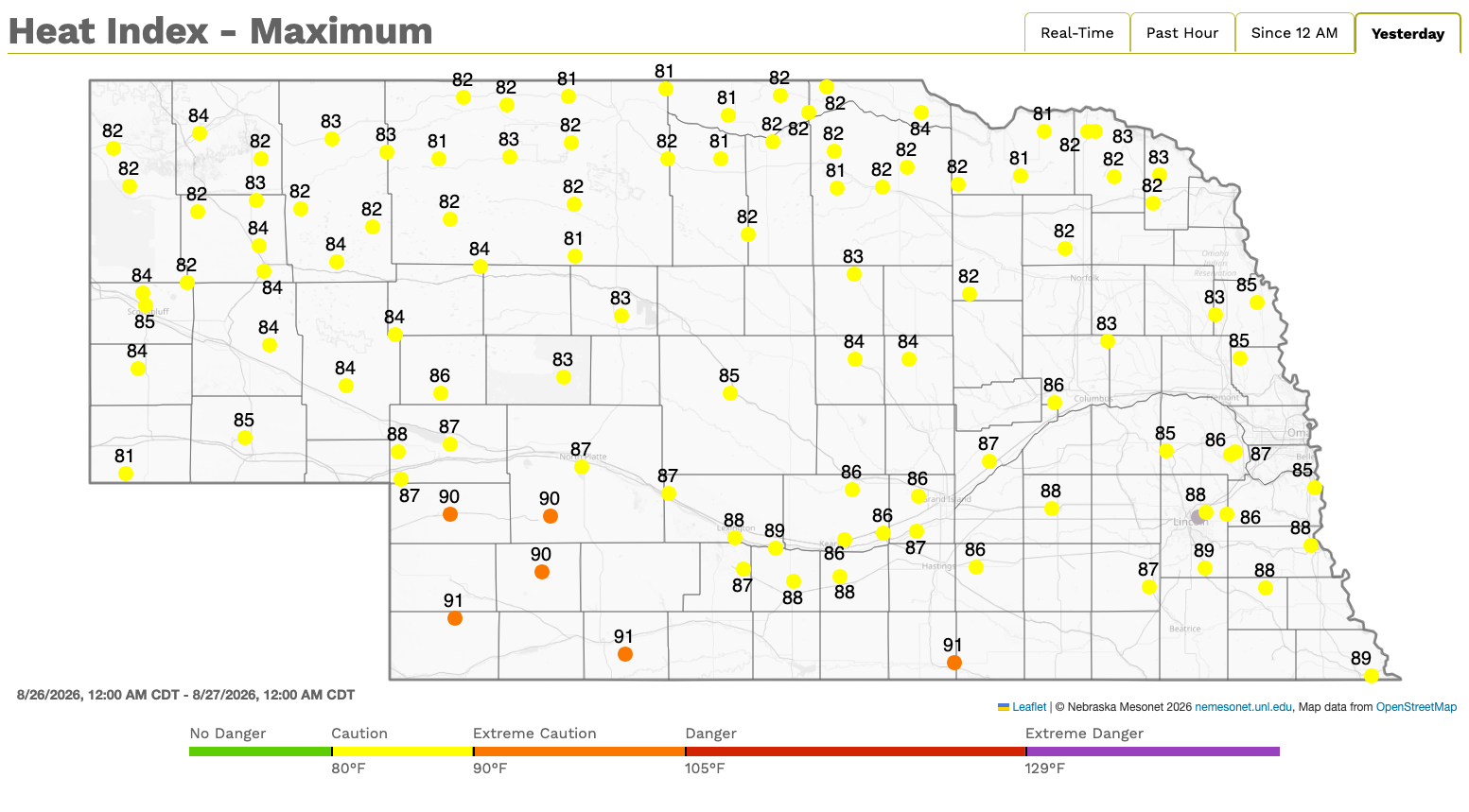Heat index map of Nebraska showing temperature values and danger levels using color gradation.