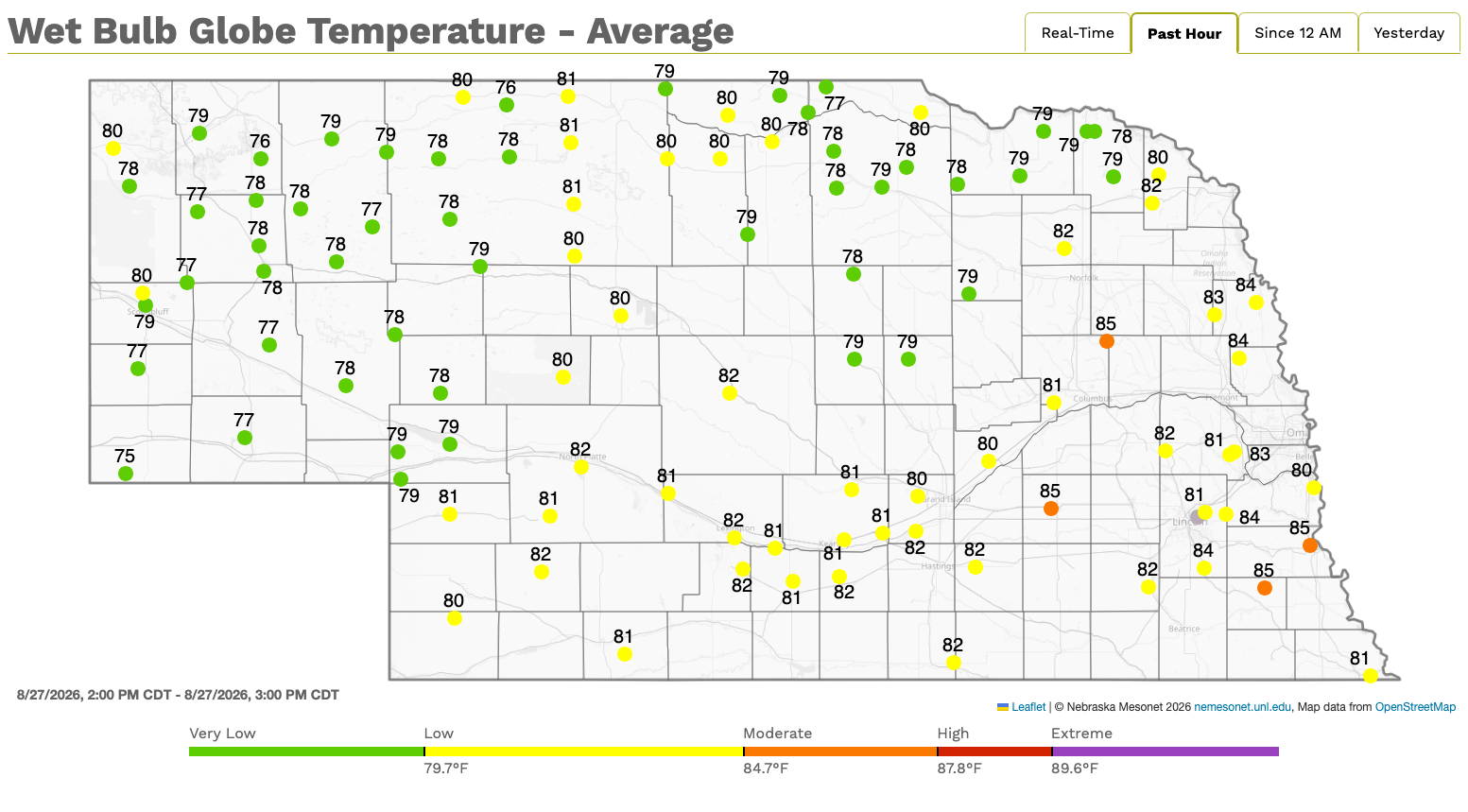 Nebraska map showing average wet bulb globe temperatures color-coded by intensity levels.
