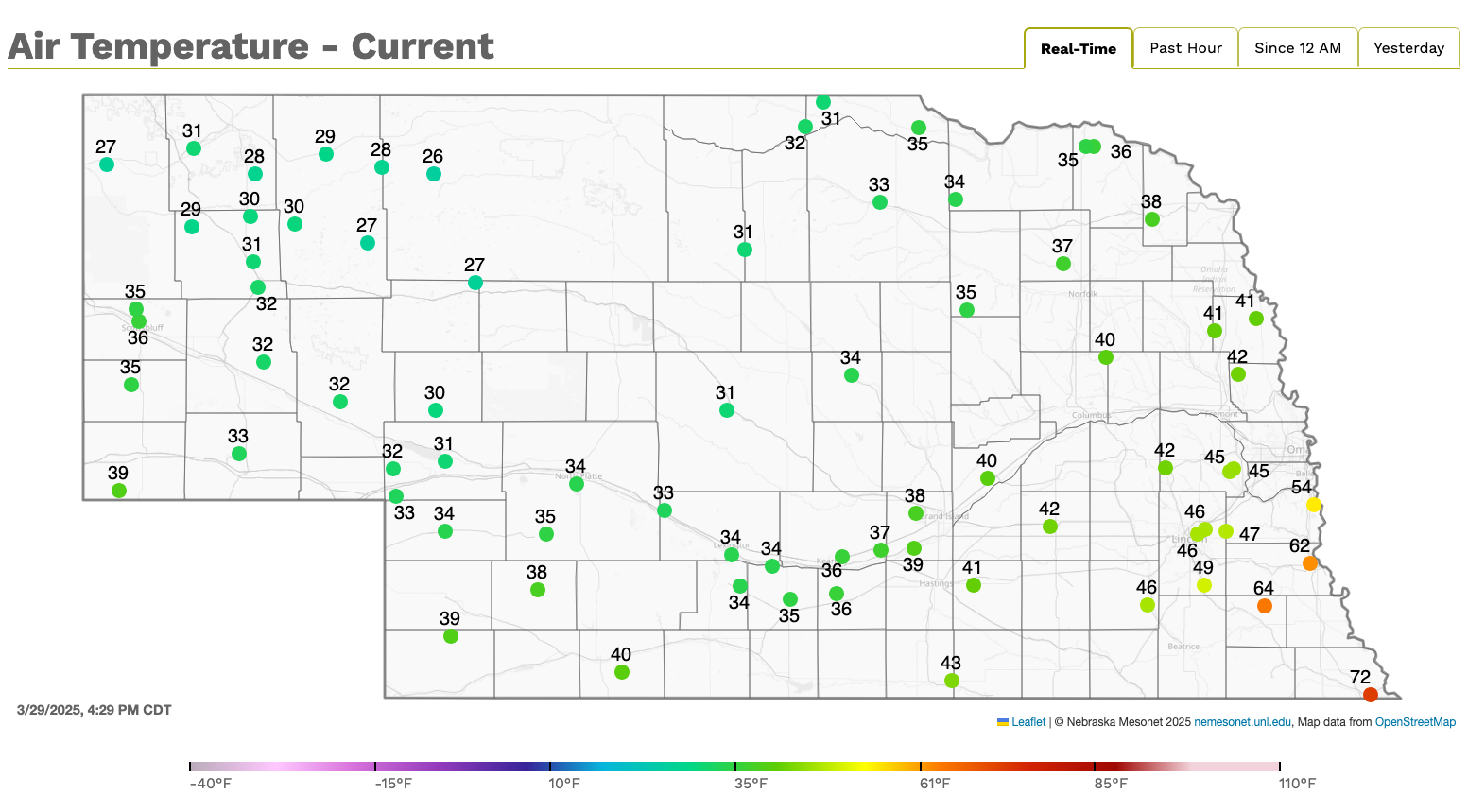 Nebraska map with current air temperatures marked at various locations.