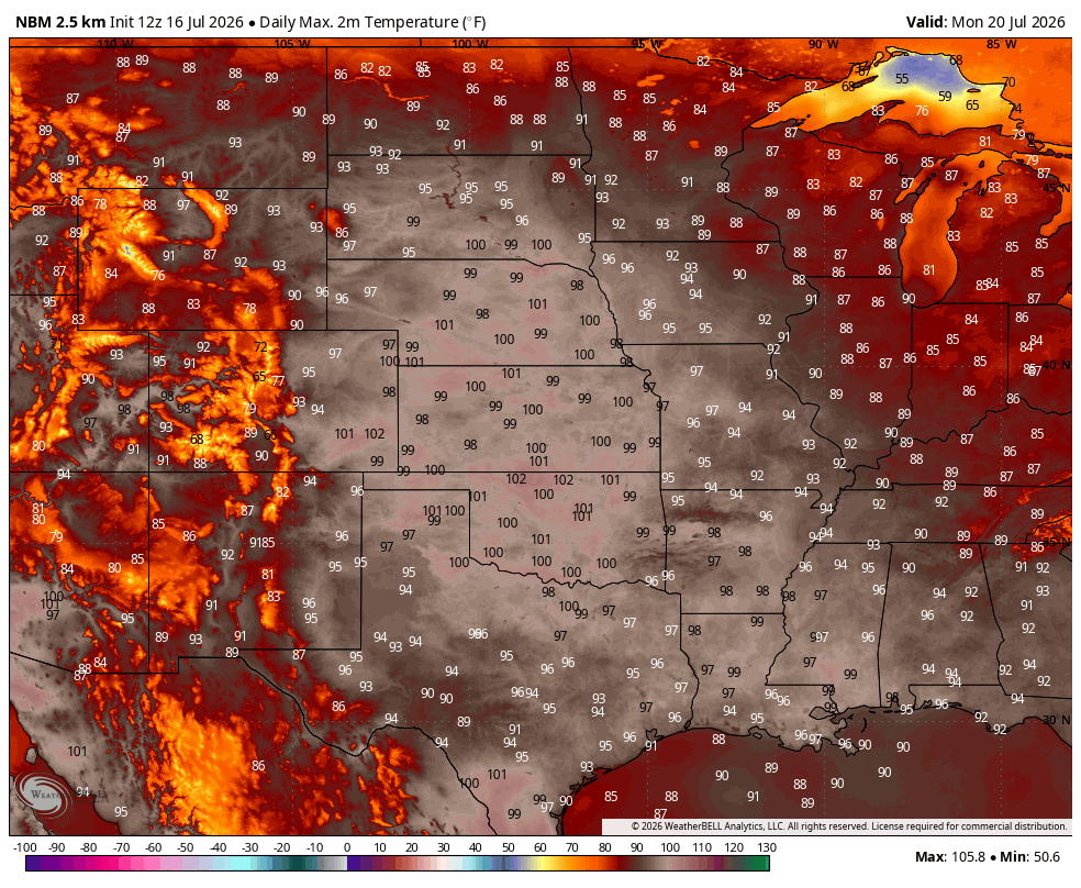 U.S. heat map showing temperatures in Fahrenheit on July 20, 2026, with high heat in the West and Midwest.