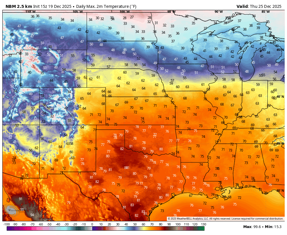 forecast high temperatures on Christmas