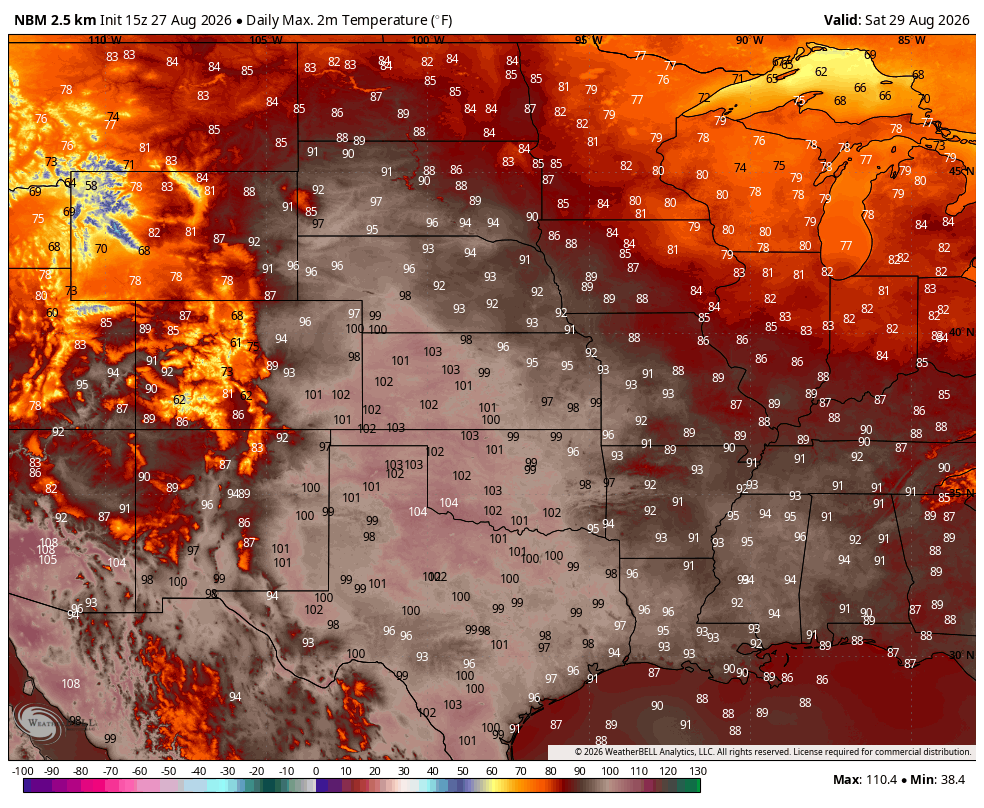 U.S. map showing daily maximum temperatures in varying colors from cool to hot, August 29, 2026.