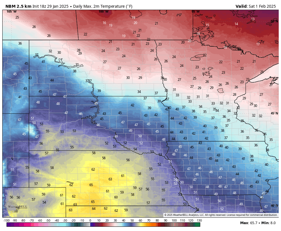 Projected high temperatures on Saturday