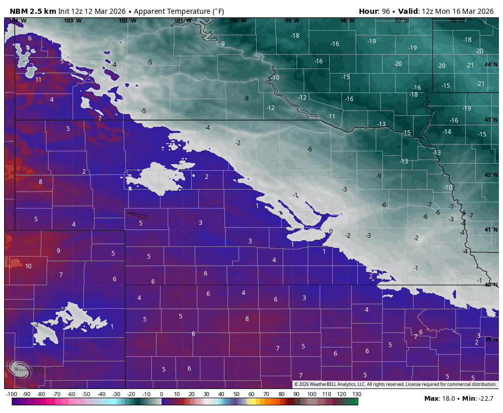 projected wind chill values on Monday morning