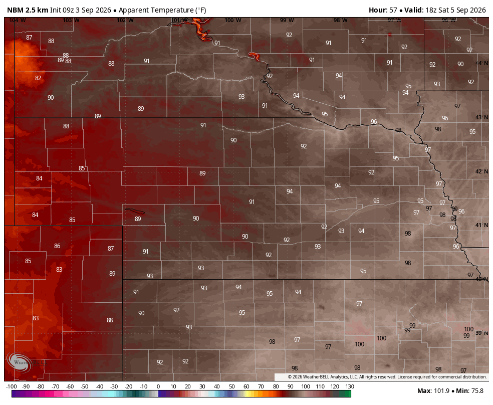 Heat map showing apparent temperature across regions, with higher temperatures in red and lower in gray.