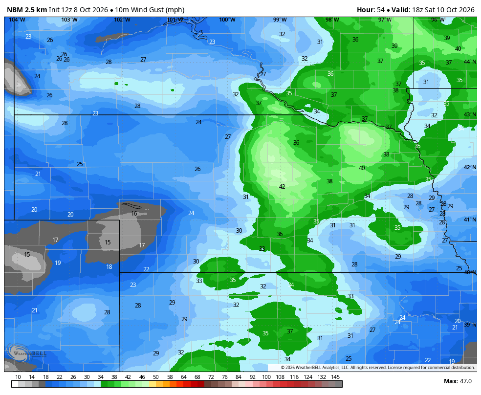 Wind gust map showing speeds in mph with green, blue, and gray color gradients across regions.