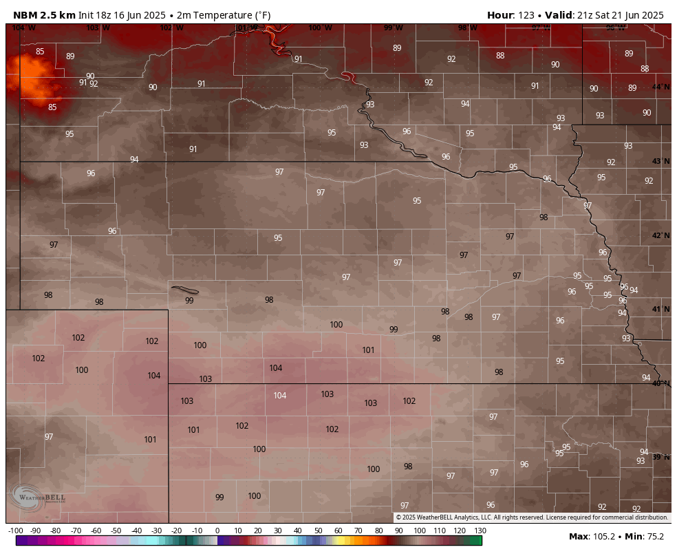 Mid-afternoon temperatures on Saturday
