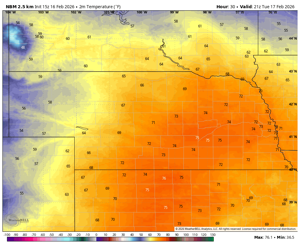 Projected temperatures at 3 PM tomorrow