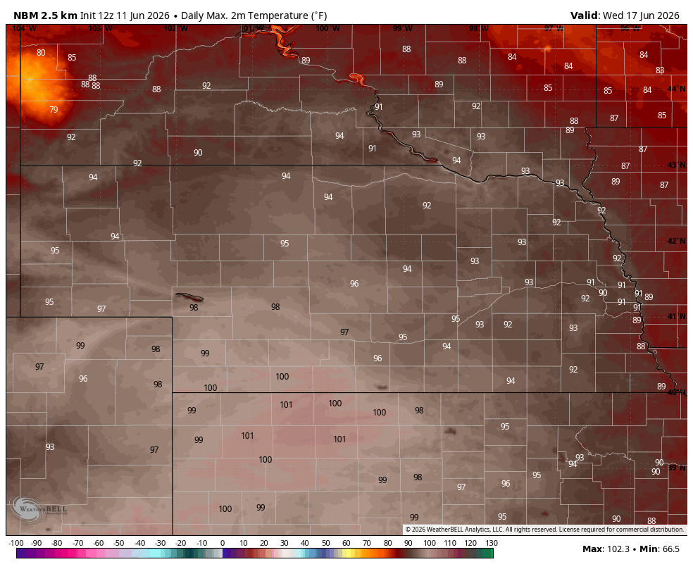 Color-coded temperature map showing forecast highs across a region, ranging from 66°F to 102°F.