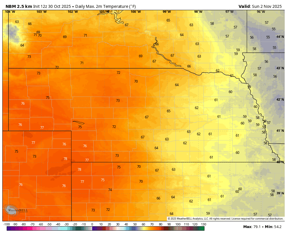 max temperatures Sunday