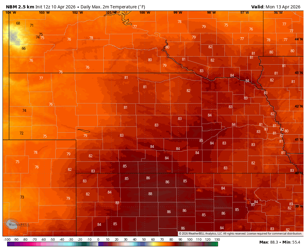 Projected high temperatures on Monday