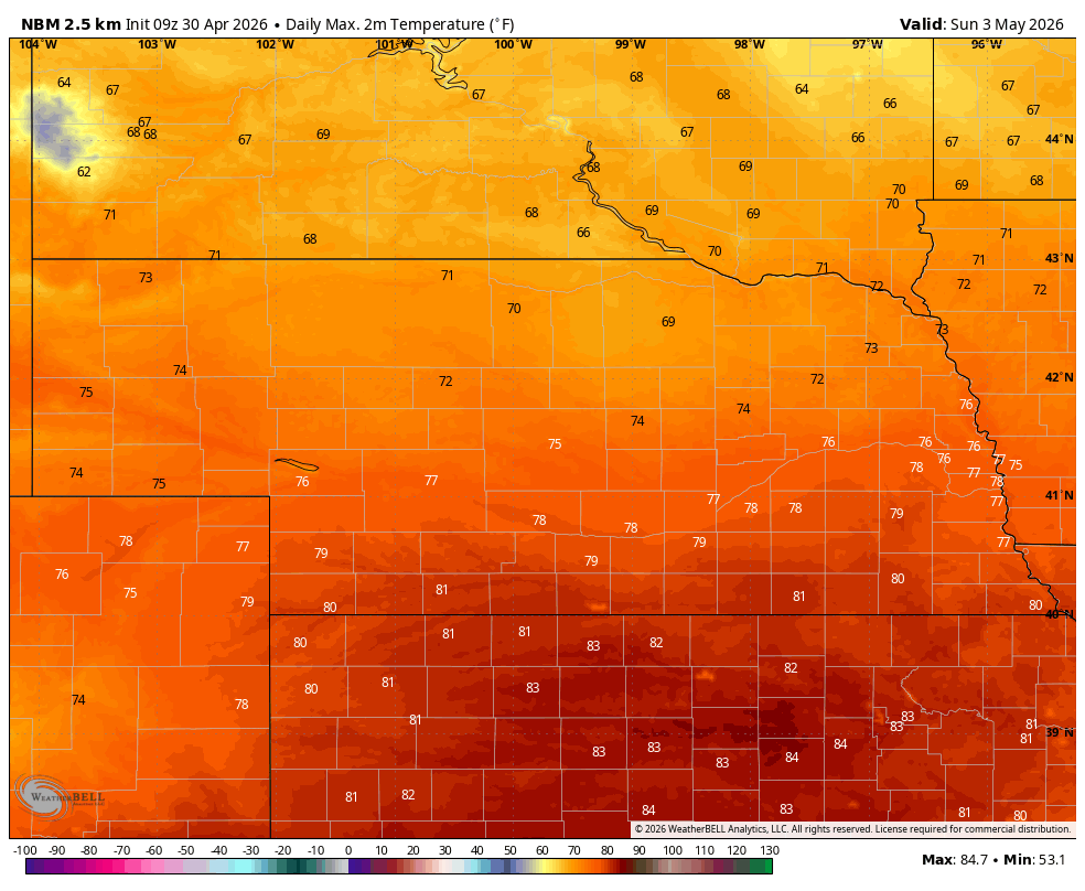Map showing daily maximum temperatures in Fahrenheit with gradient colors from yellow to orange.