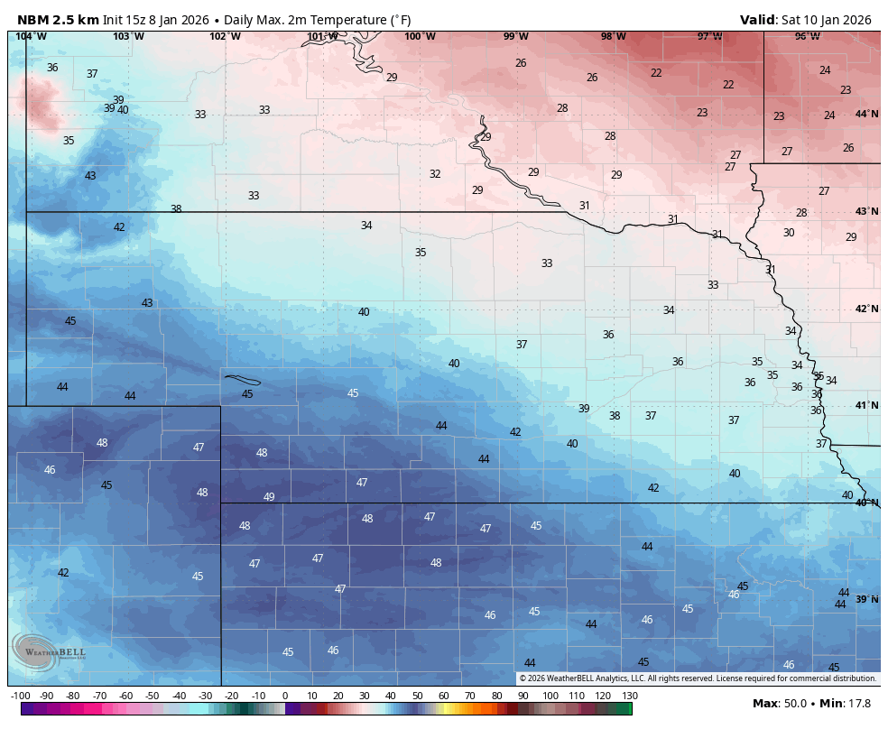 projected high temperatures on january 10, 2026 in Nebraska