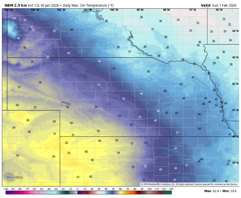 projected high temperatures on Sunday