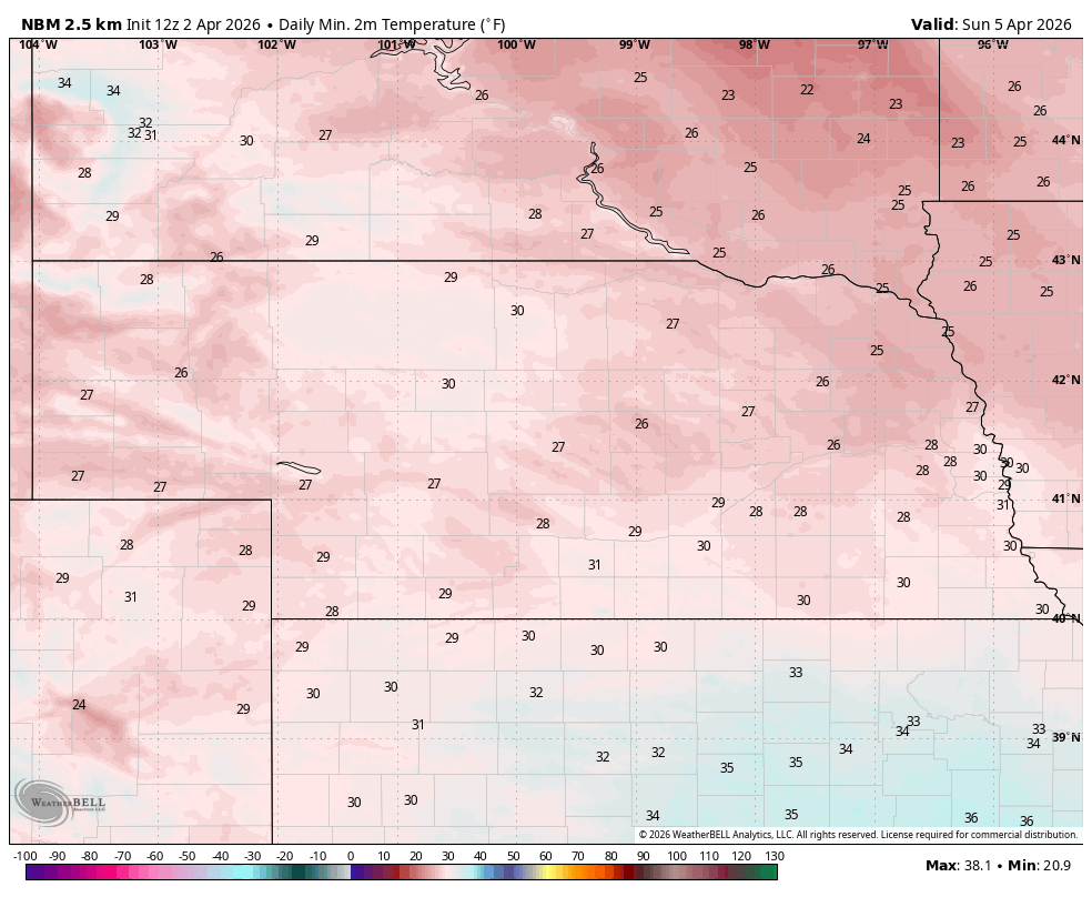 projected lows on Easter morning