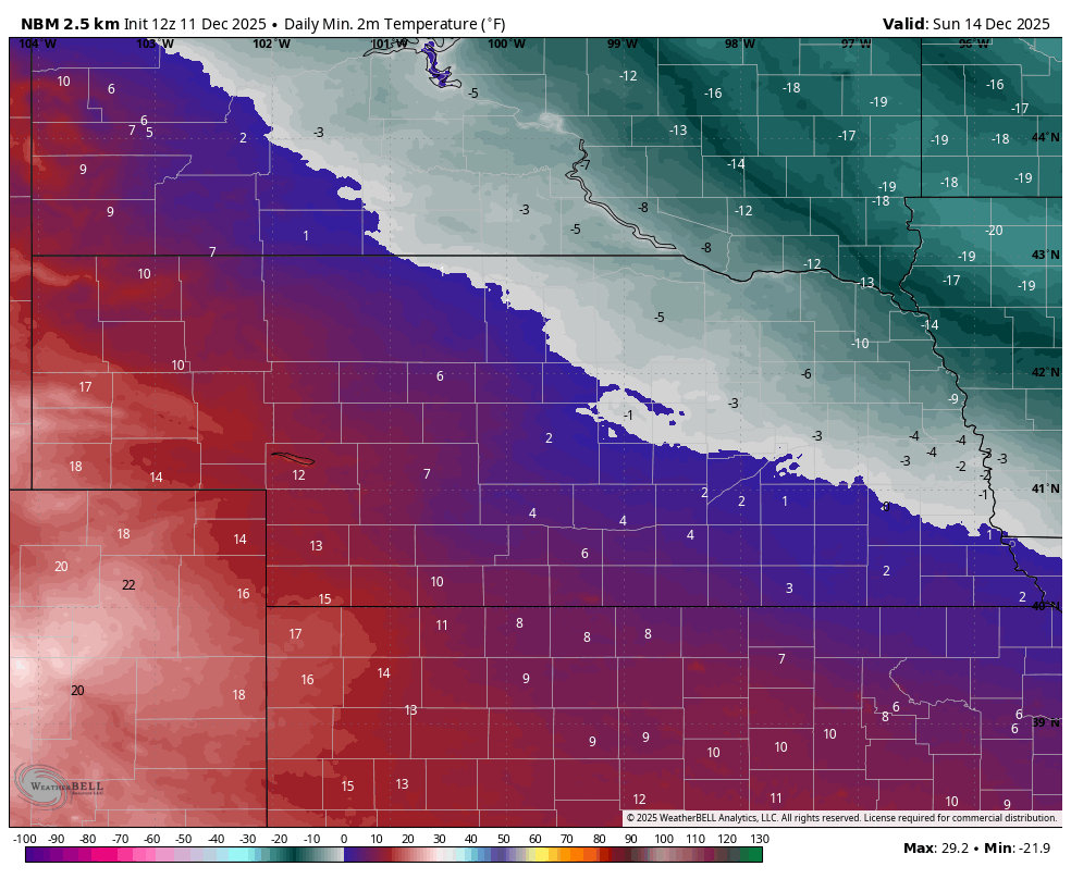 subzero low temperatures for north central and eastern Nebraska on Sunday
