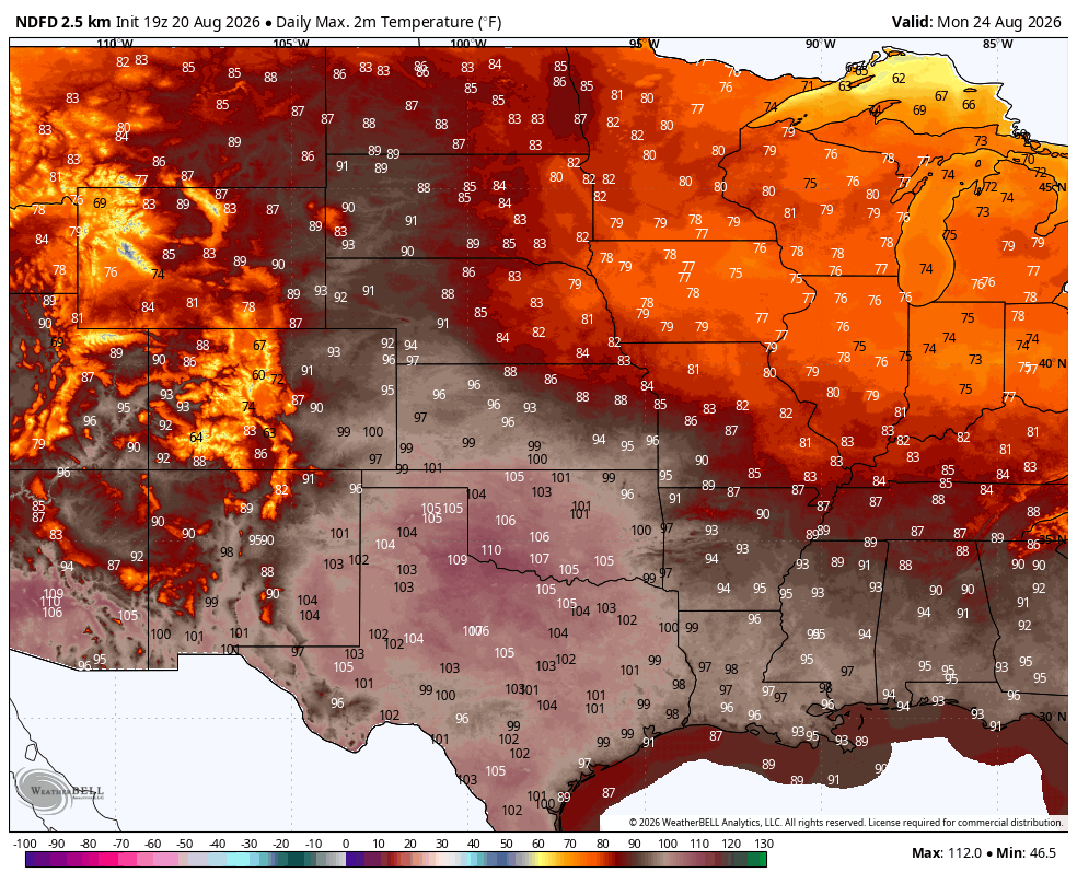 U.S. weather map showing daily high temperatures in varying colors, with the Southwest exceeding 100°F.
