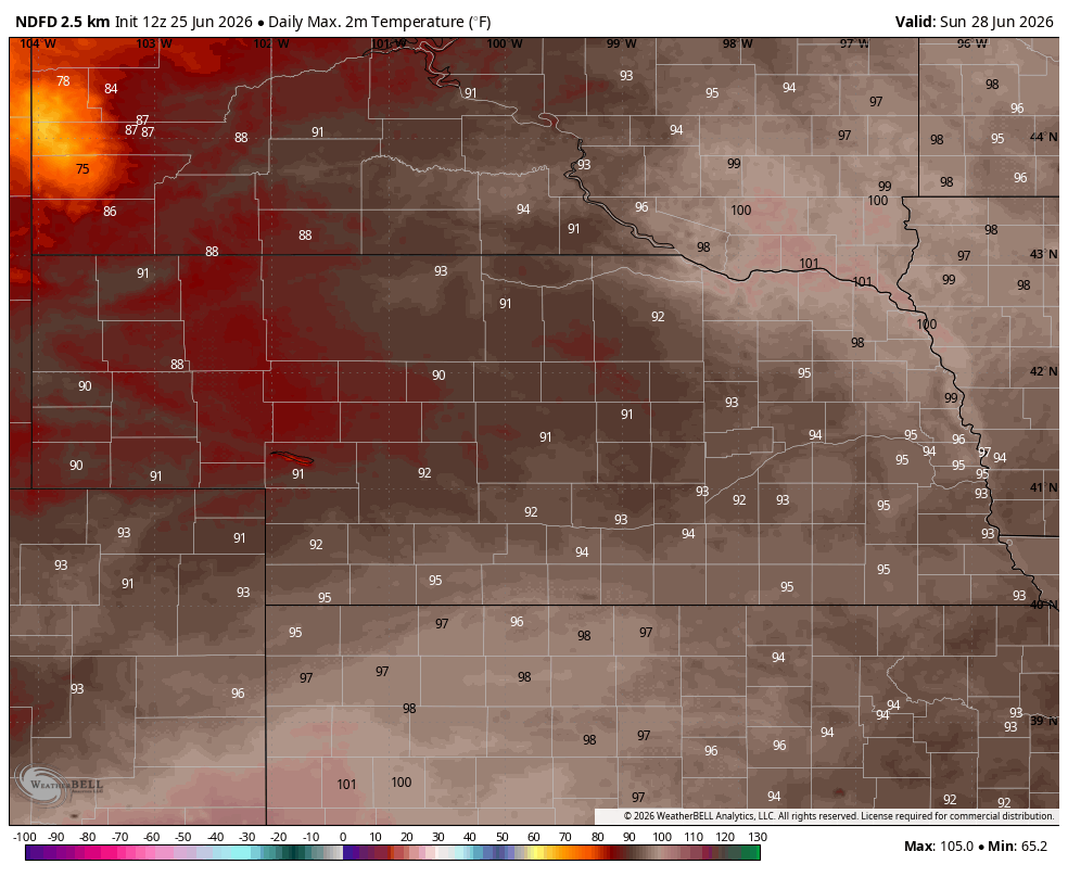 Map showing daily maximum temperatures in Fahrenheit across the central U.S., ranging from 65 to 105.