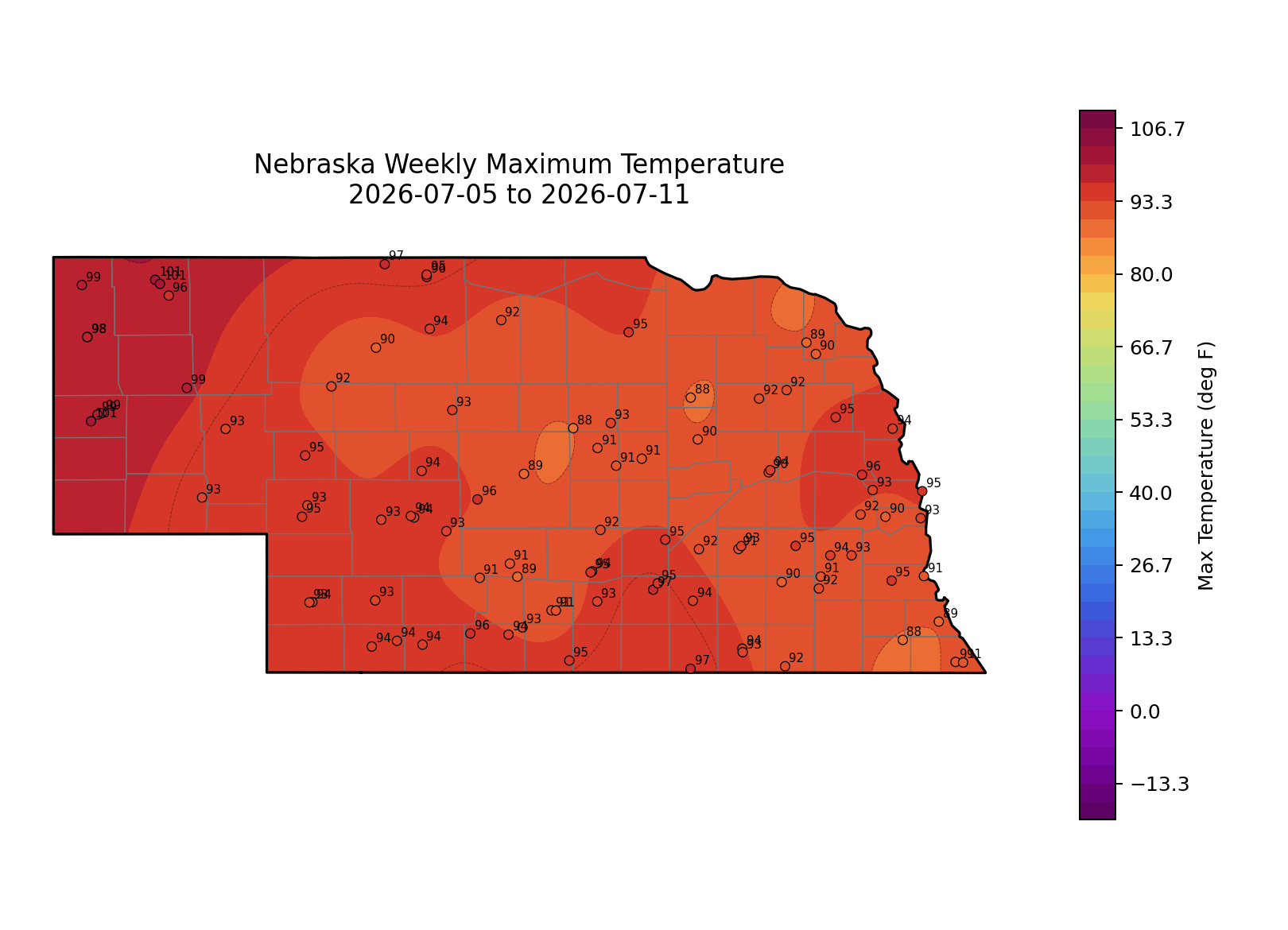 Nebraska map showing weekly max temperatures from July 5 to July 11, 2026, with a color gradient scale.