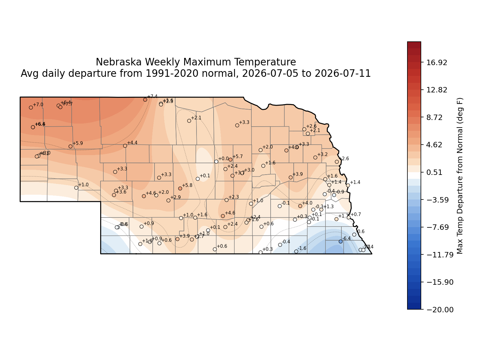 Nebraska weekly max temperature departure