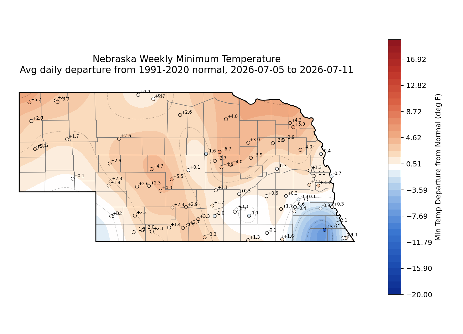 Nebraska map showing 2026 weekly minimum temperature departure from 1991–2020 normal, with a red-to-blue gradient.