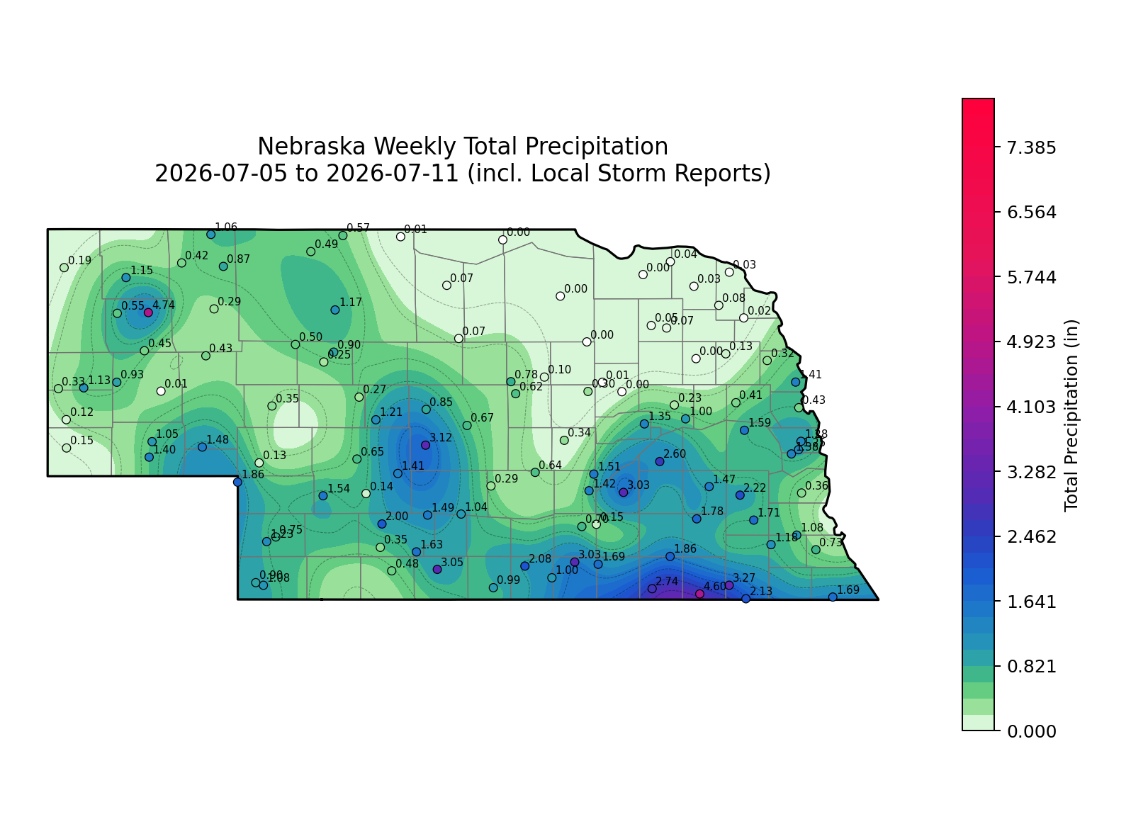 Nebraska map showing weekly total precipitation in inches with a color gradient from green to red.