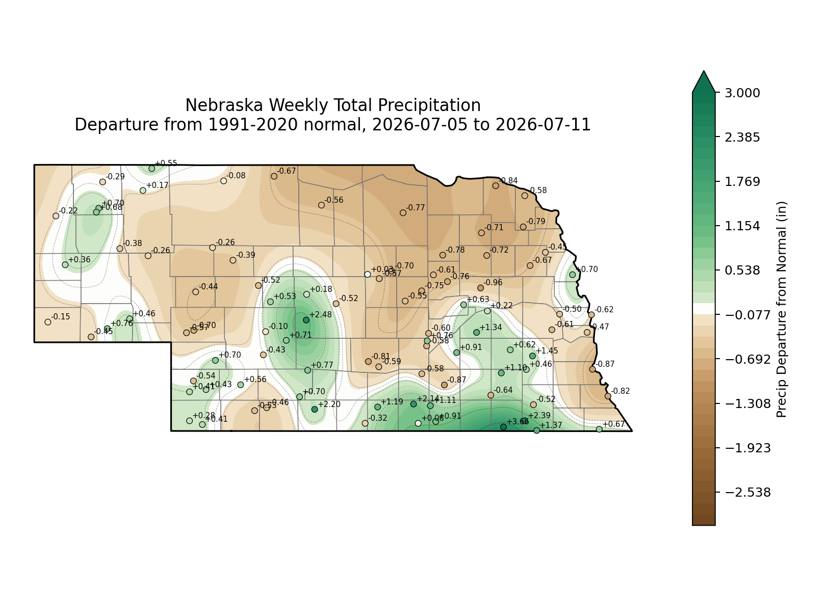 Nebraska map showing weekly precipitation deviations from the 1991-2020 normal, with a gradient scale.