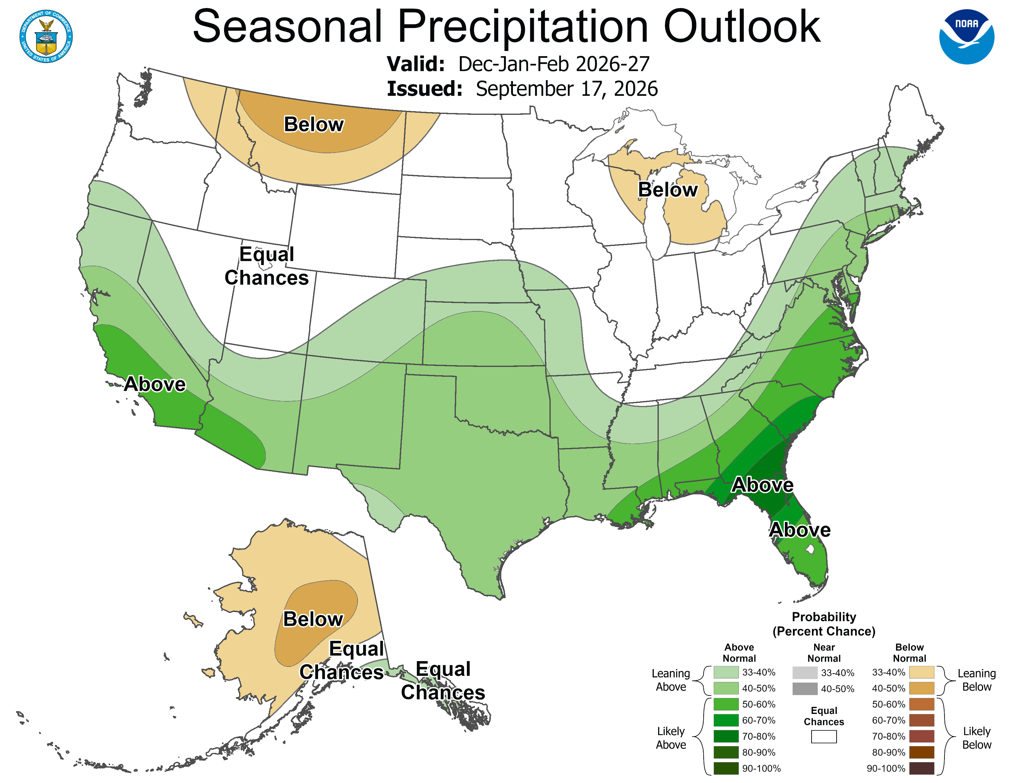 Seasonal U.S. precipitation outlook map showing regions with above, below, and equal chances of rainfall.