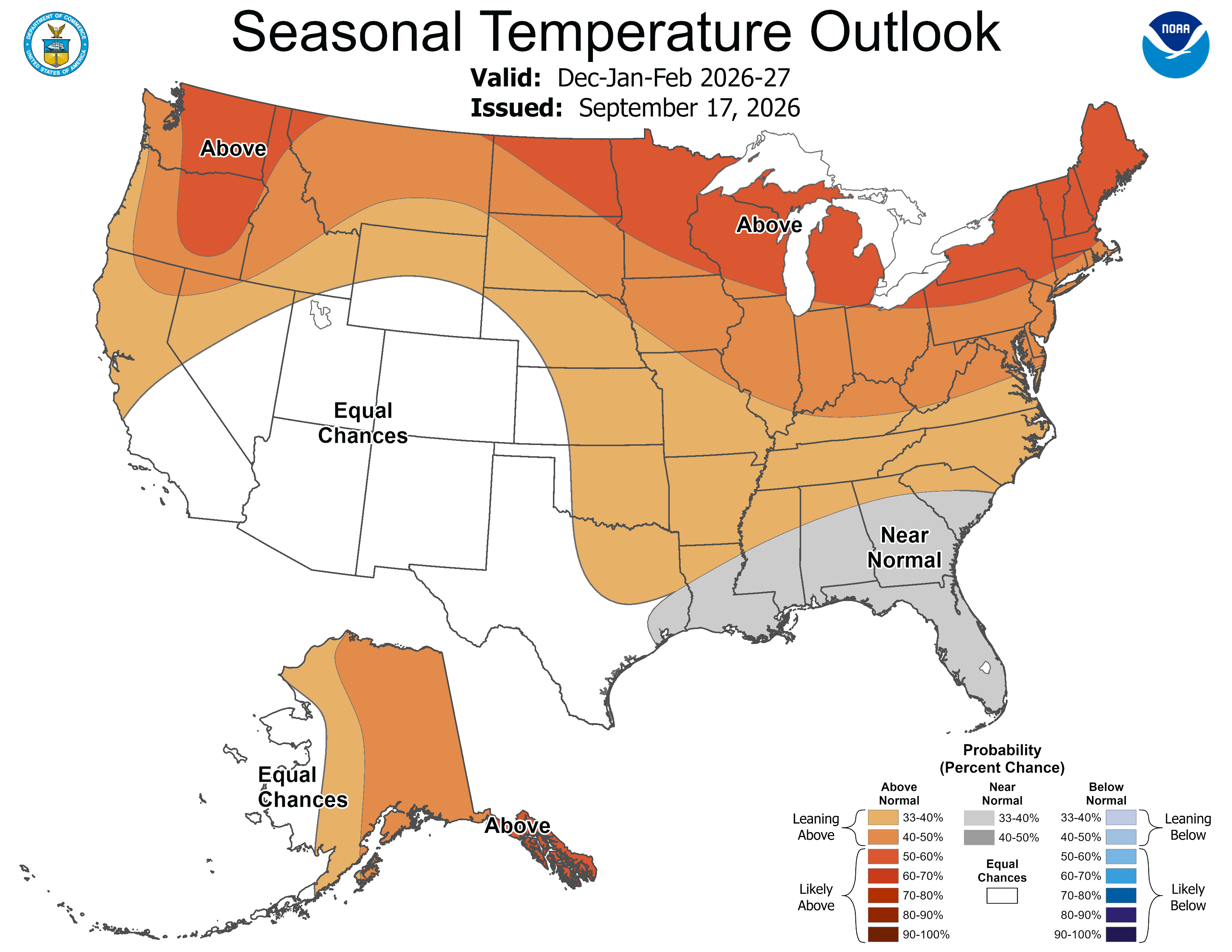 Seasonal U.S. temperature map shows warmer areas in red, equal chances in white, near normal in gray.