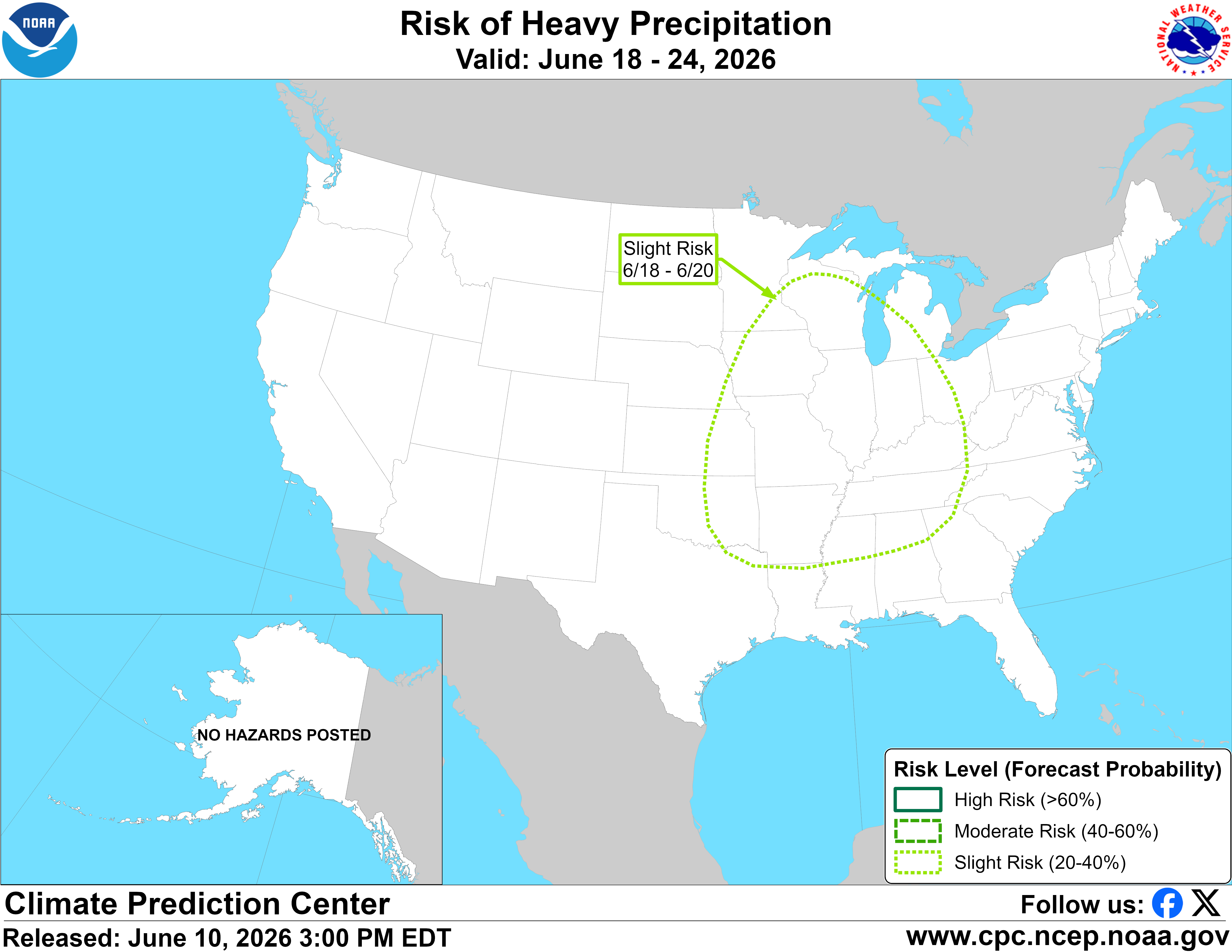 U.S. map showing slight risk of heavy precipitation in Midwest, June 18-20, 2026.