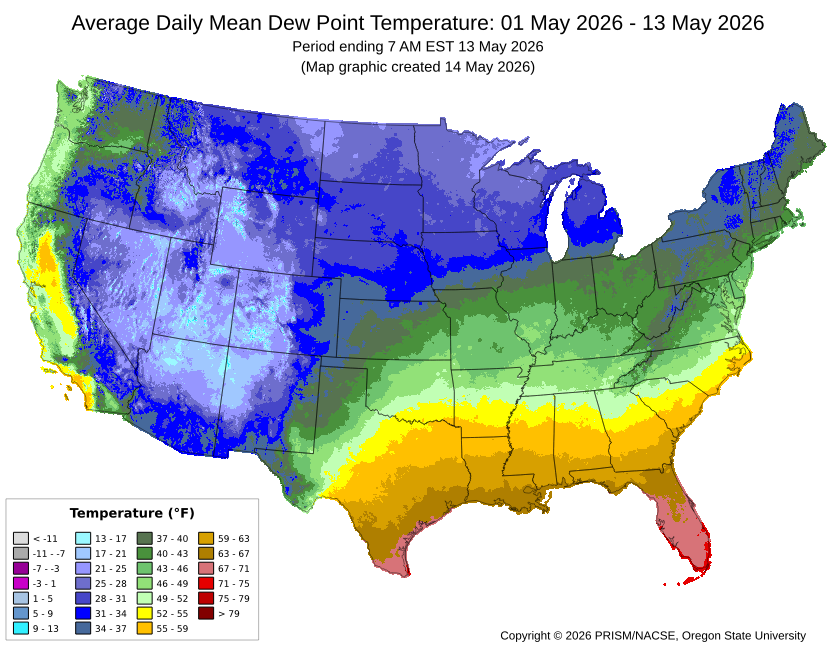 Map of U.S. showing average daily mean dew point temperatures, color-coded from cool to warm tones.
