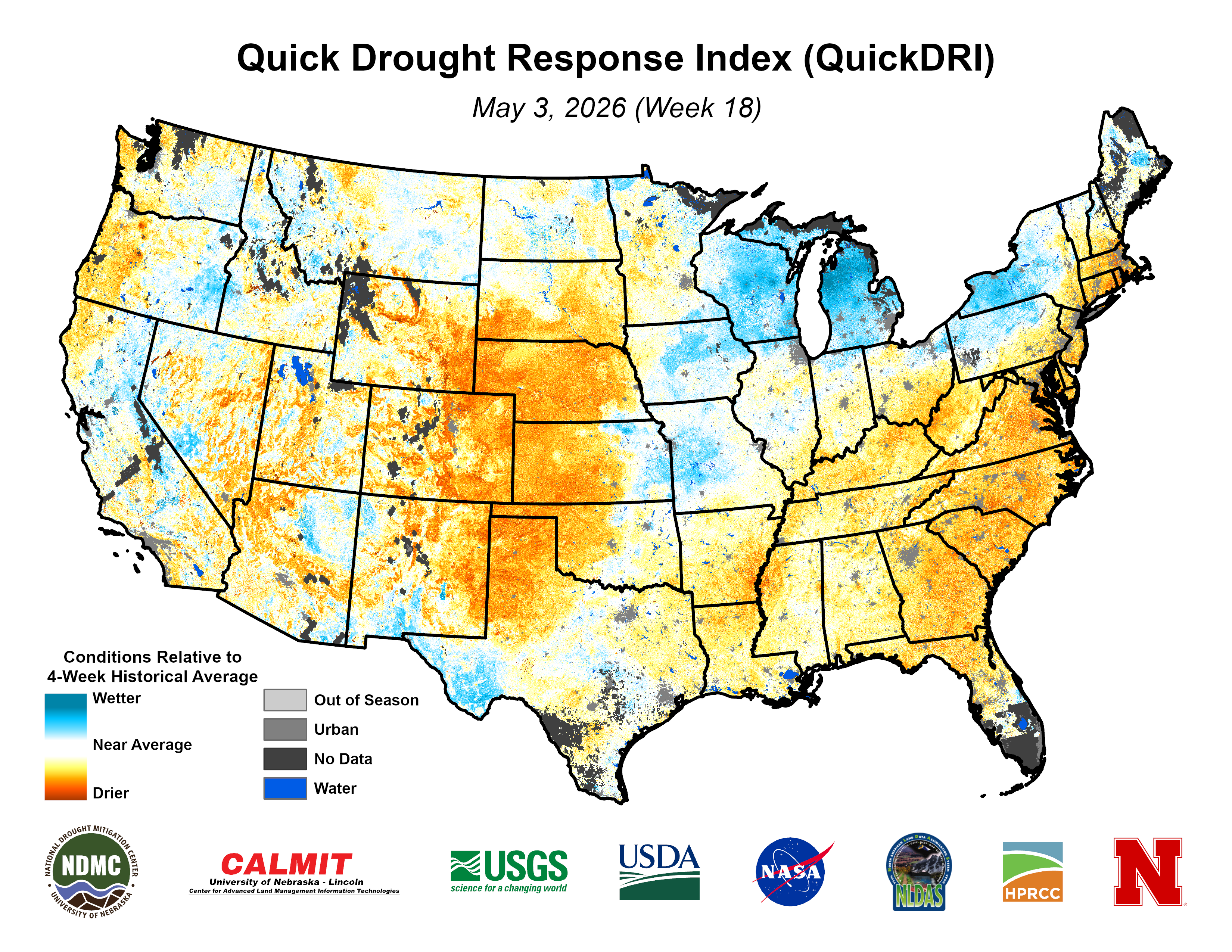 U.S. drought map showing moisture conditions, ranging from wetter to drier, dated May 3, 2026.