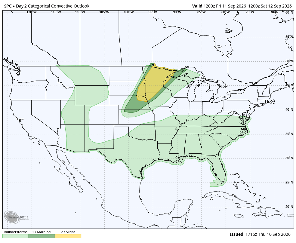 SPC thunderstorm risk map with shaded areas showing marginal to slight risk over central U.S. regions.