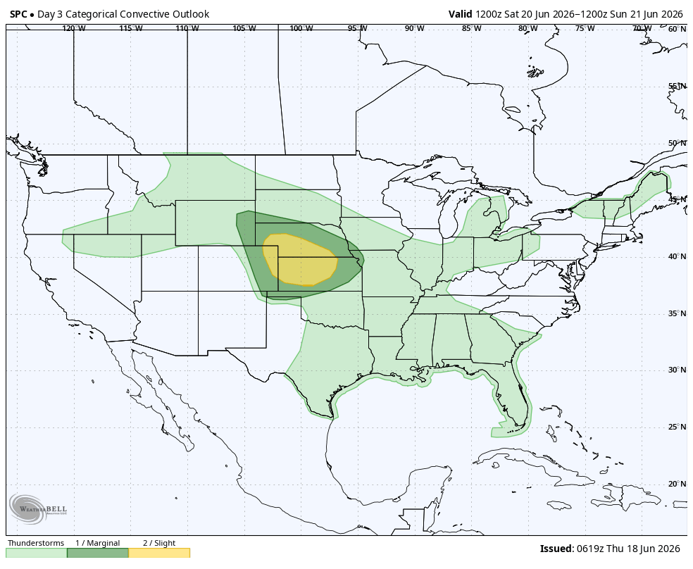 Severe weather forecast map with shaded risk areas across central U.S.