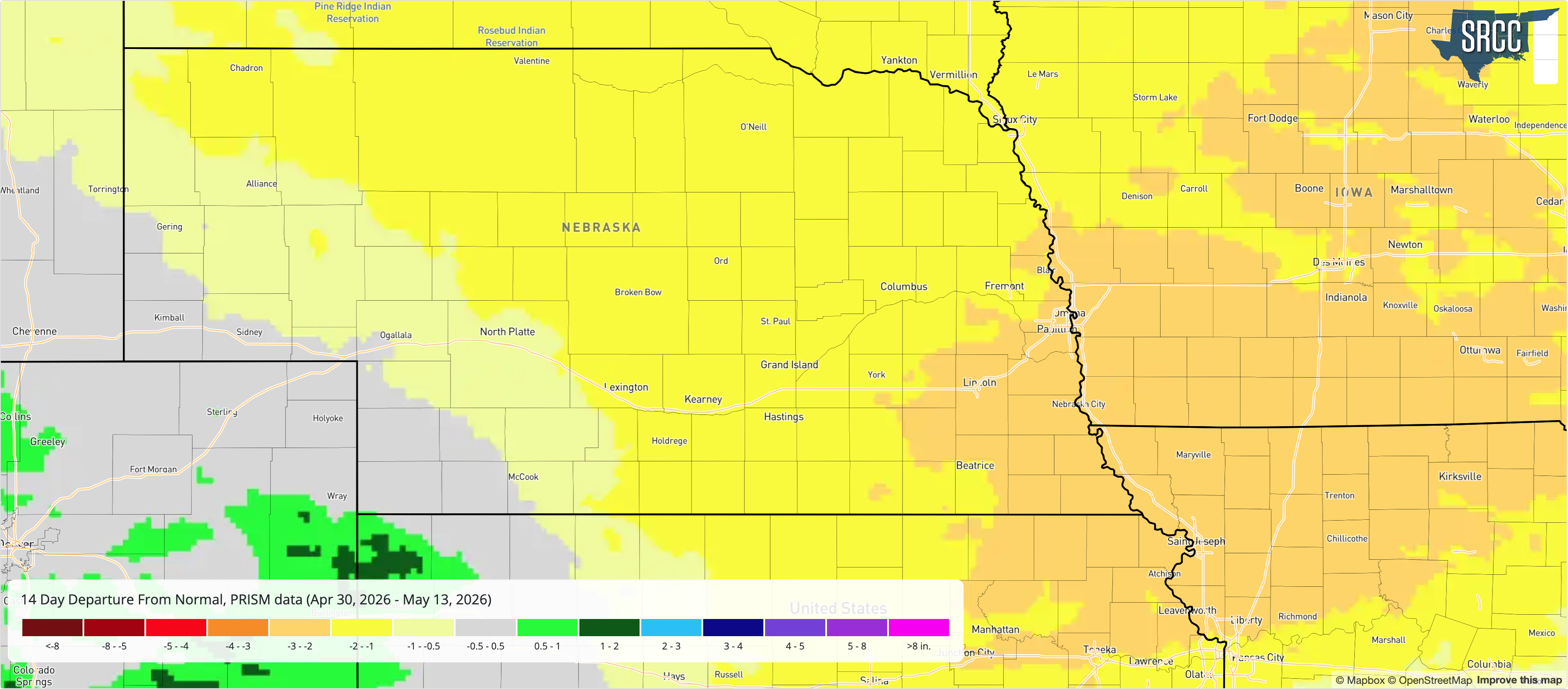 Map showing 14-day precipitation departure in Nebraska and surrounding areas, with yellow indicating dryness.