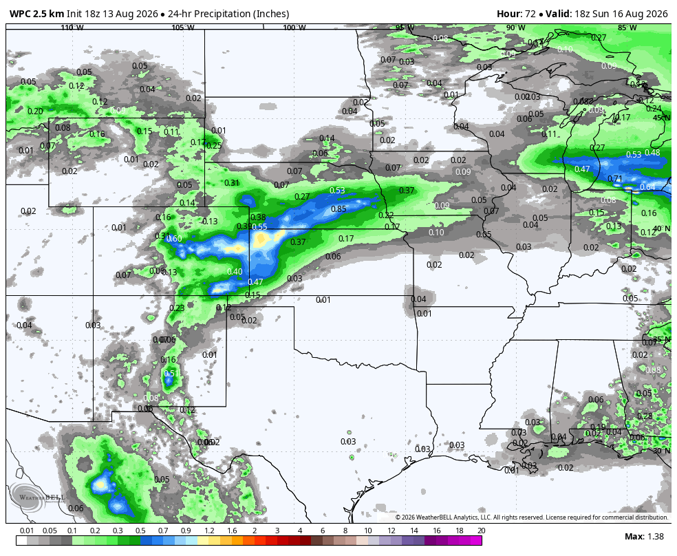 Weather map showing 24-hour precipitation across the central U.S., with green and blue indicating rainfall.