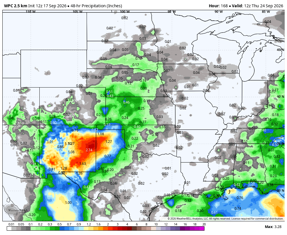 48-hour precipitation forecast map with color-coded rainfall intensity over the U.S.