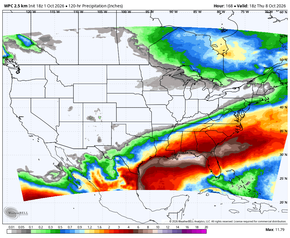 Weather map showing U.S. precipitation forecast with heavy rain in the southeast and color-coded intensity.